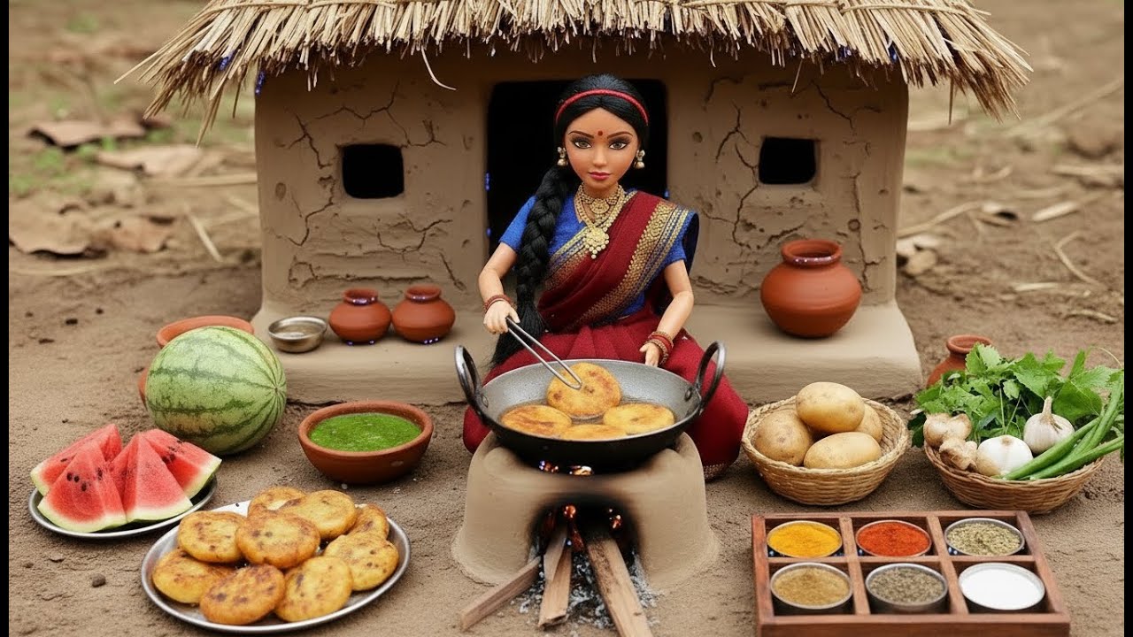 Miniature Doll Prepares crispy  Pakoras  and tea (ASMR) | The story one day in a Tiny Indian Village