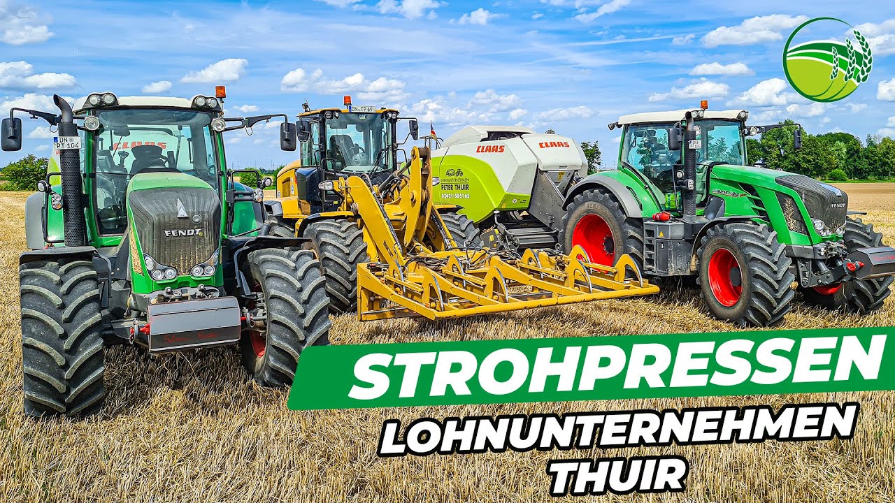 Fast straw baling | FENDT 824 tractors + CLAAS Quadrant baling press | CAT 926M wheel loader