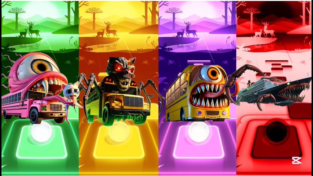 Tiles Hop-SCHOOL BUS MONSTER🆚School Bus Head Eater and Ship Monster 🆚Coffin Dance