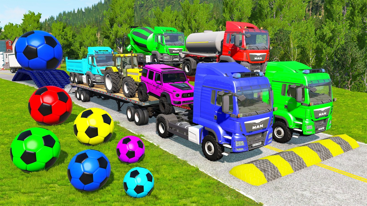 Flatbed Trailer McQueen Transportation with Truck - Speedbumps vs Cars vs Train - BeamNG.Drive #17