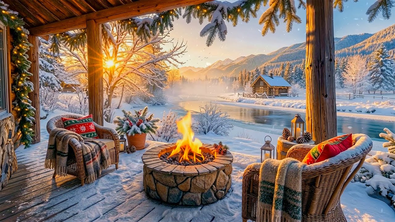 Cozy Winter Riverside Porch Fire Pit ❄️🔥 Relaxing Water & Fire Sounds in Snowy Forest for Study