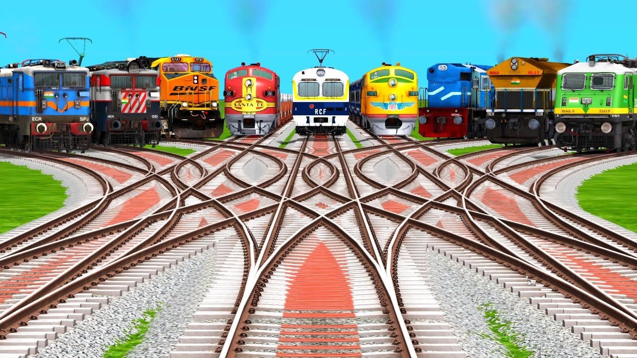 Nine Trains Crossing By Bumpy Curved Branched Railroad Tracks | train videos indian railways games