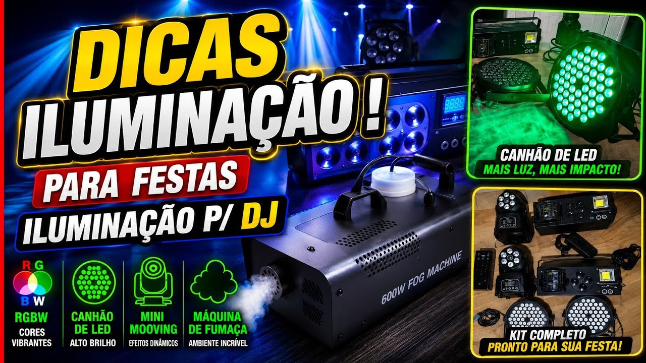 DICAS ILUMINAÇÃO P/ FESTAS EVENTOS CANHÃO LED, MINI MOVING, LASER, STROBO, MÁQUINA DE FUMAÇA RGB #dj