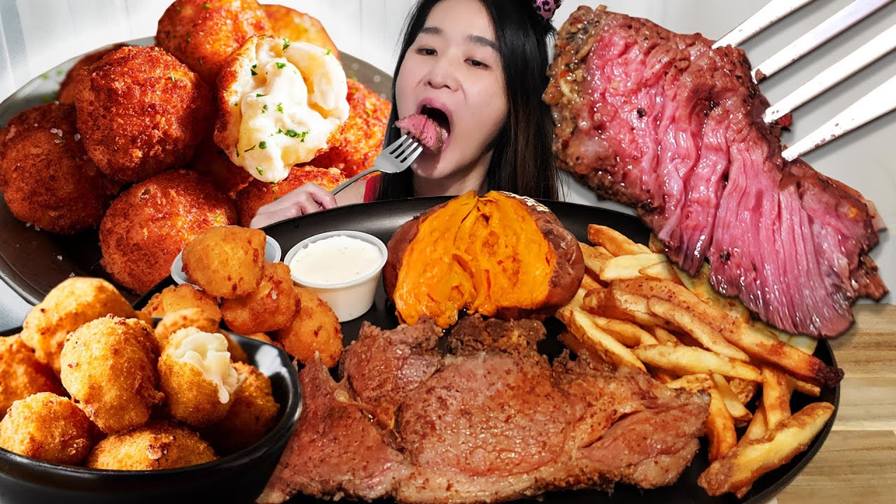 RARE SEARED PRIME RIB From Outback Steakhouse! Crispy Mac N' Cheese Bites & Beef Steak Mukbang ASMR