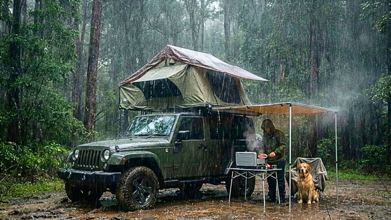 SURVIVING a MONSOON in my JEEP WRANGLER [ Non-stop Rain, Leaking Tent, Cooking Steak ]