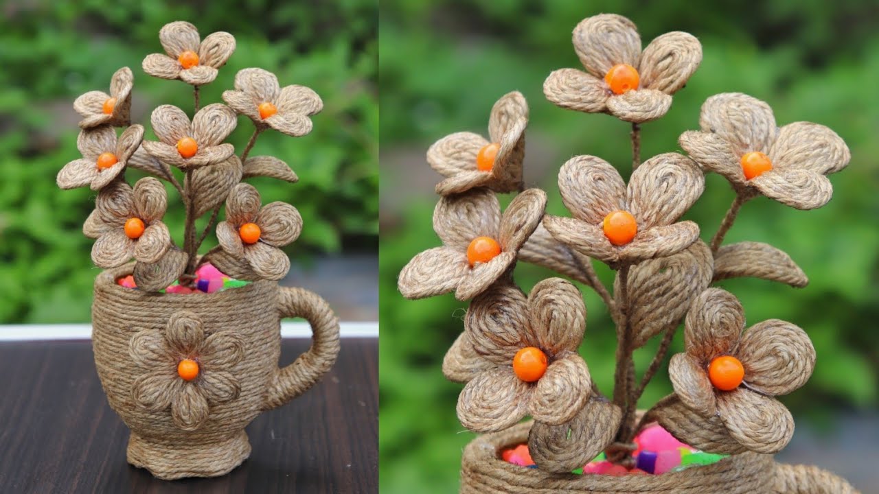 DIY jute flower pot | Flower vase with jute rope | Jute Craft home decor ideas