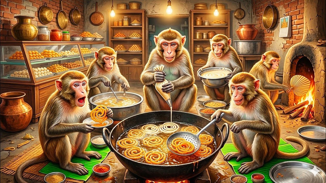 बंदरों ने बनाई गरमा गरम जलेबी 😱🐒 | Monkey Jalebi Preparation - Indian Sweet Recipe