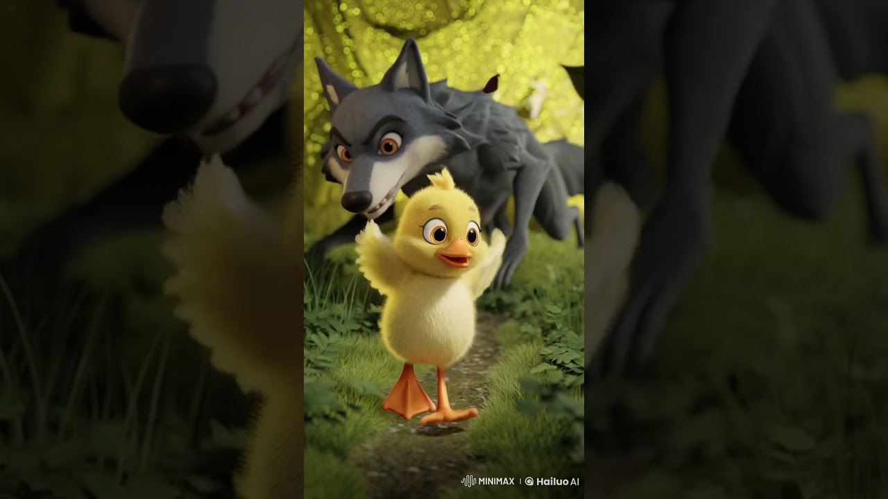 O rățușcă 🐥 mititică este urmărită de 🦁 lupul cel rău