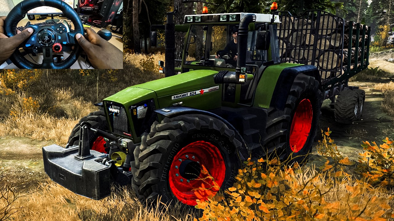 Fendt Favorit 824 Farming Tractor Log Hauling in MudRunner with Steering Wheel