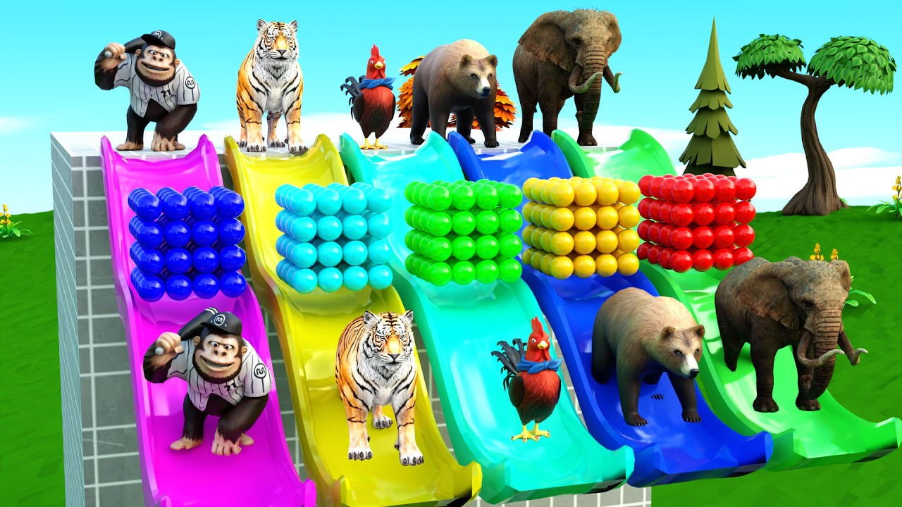 3D Slide Adventure With Cow Elephant Gorilla Hippopotamus lion - 3D Animal Game - Long Slide Game