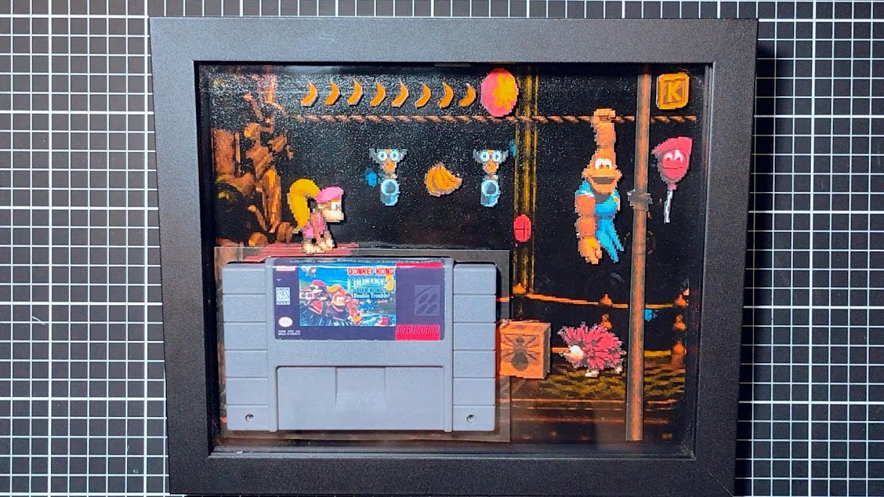 Quadro 3D Donkey Kong Country 3 | Arte Artesanal Geek com Cartucho do SNES