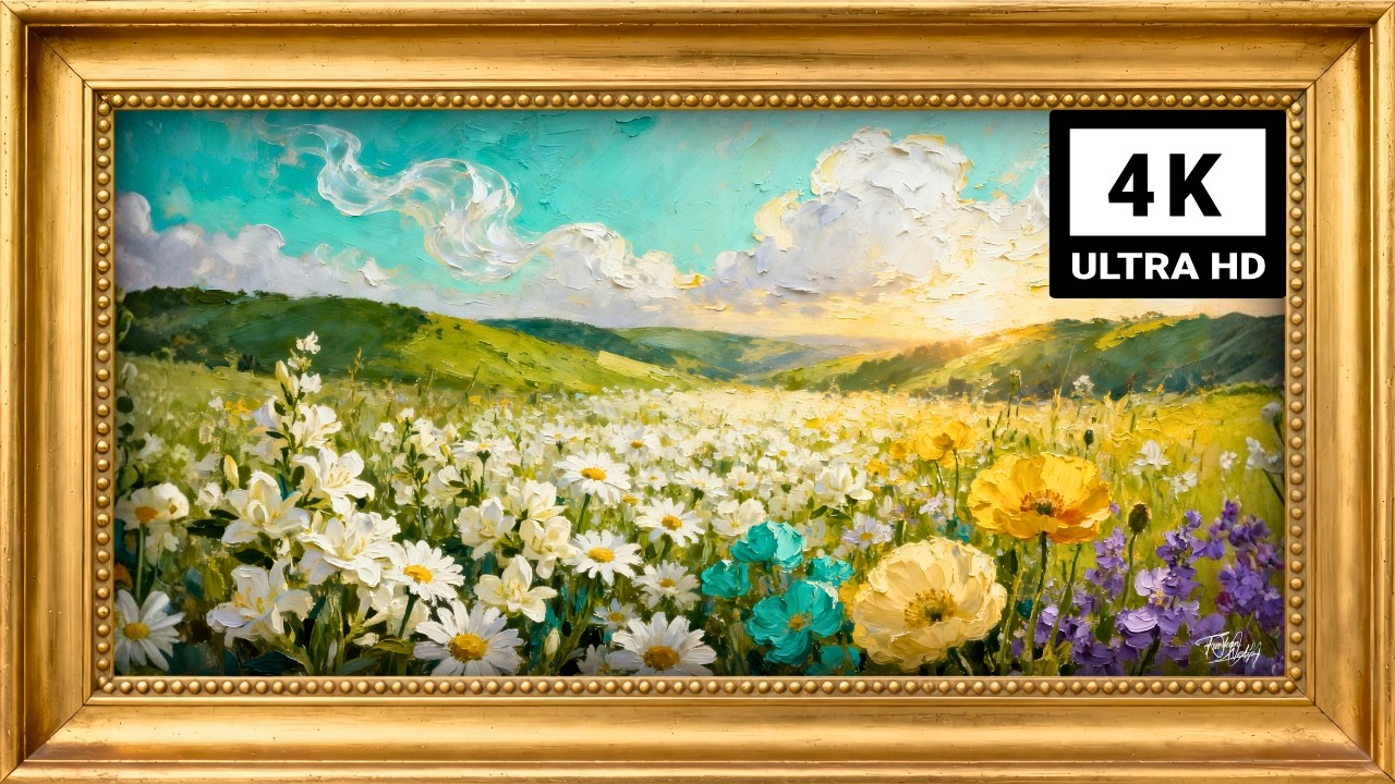 4K Vibrant White Flowers Meadow 🌸 Silent Frame TV Art | Cyan & Yellow Oil Painting