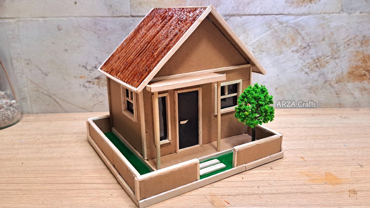 DIY || Simple house miniature from cardboard and ice cream sticks || Kerajinan dari kardus