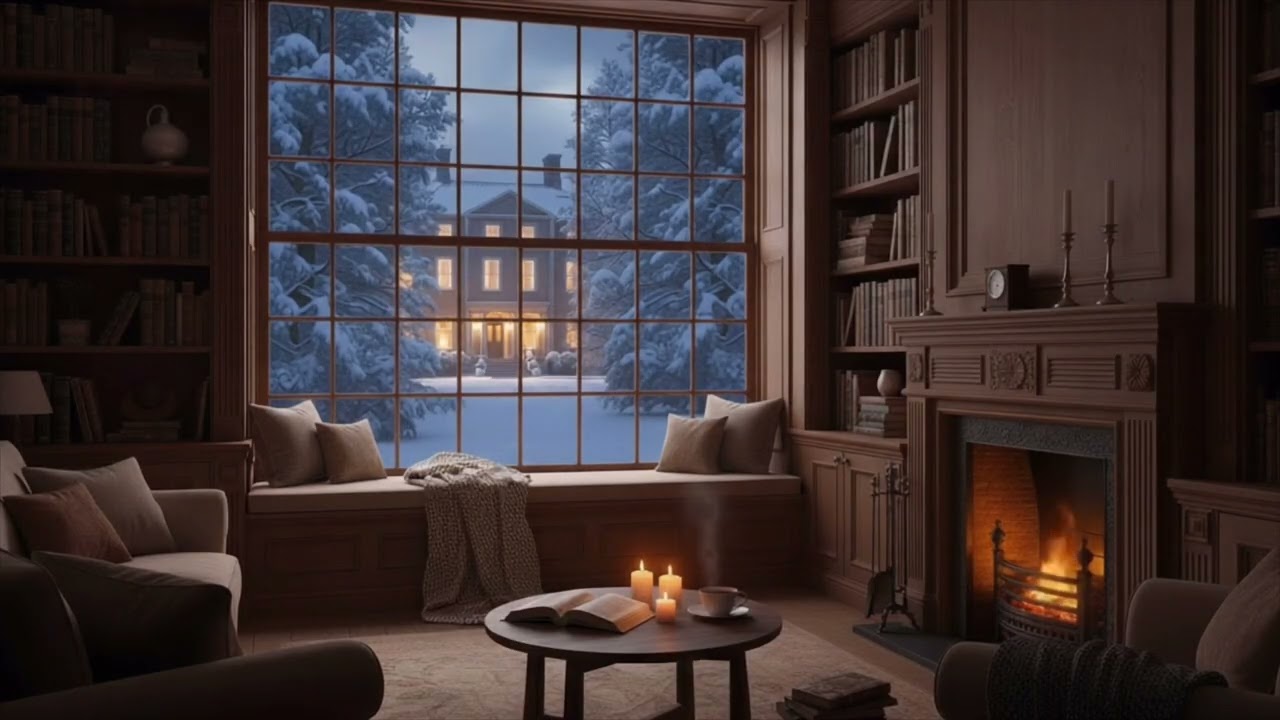❄️ Cozy Winter Reading Room Ambience | 🔥 Crackling Fireplace, Snowfall Outside the Window