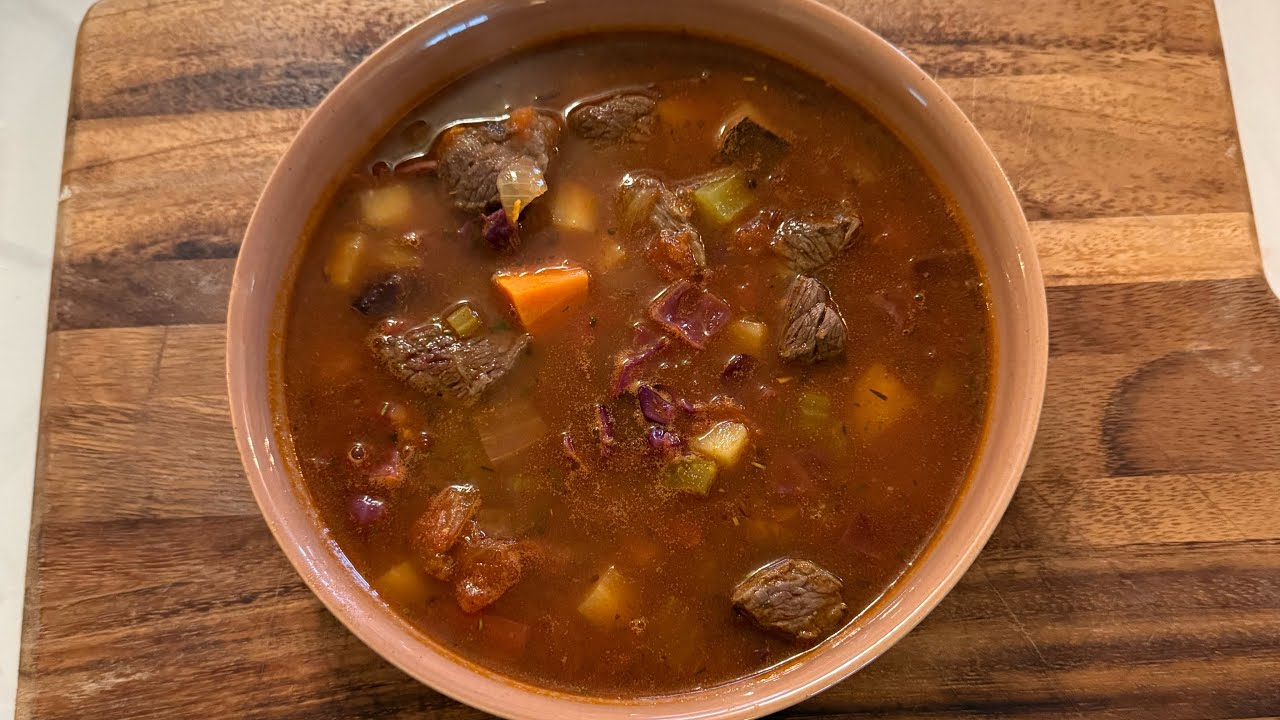 Beef and Vegetable Soup, and Croissant Sourdough Bread 