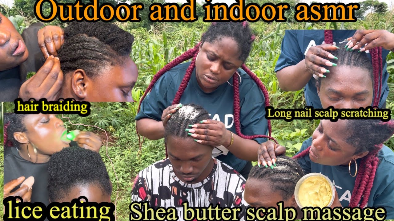 ASMR✨detailed outdoor & indoor long nail scalp scratching, thumb light trigger lice eating, braiding