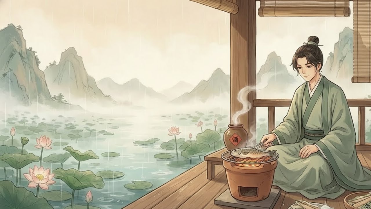 Rainy Day at the Water Pavilion: Grilling Fish & Wine | Sutdio Ancient Whispers ASMR ⛈️ #healing