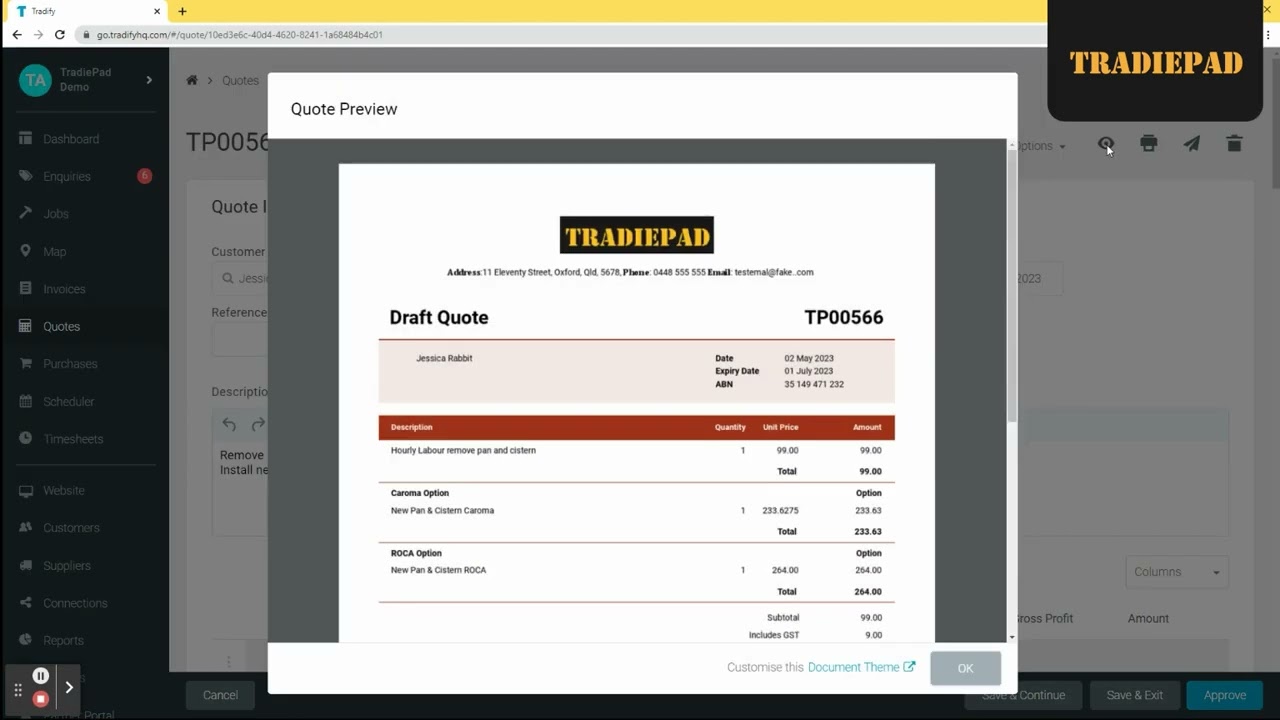 How to add options to quotes in Tradify