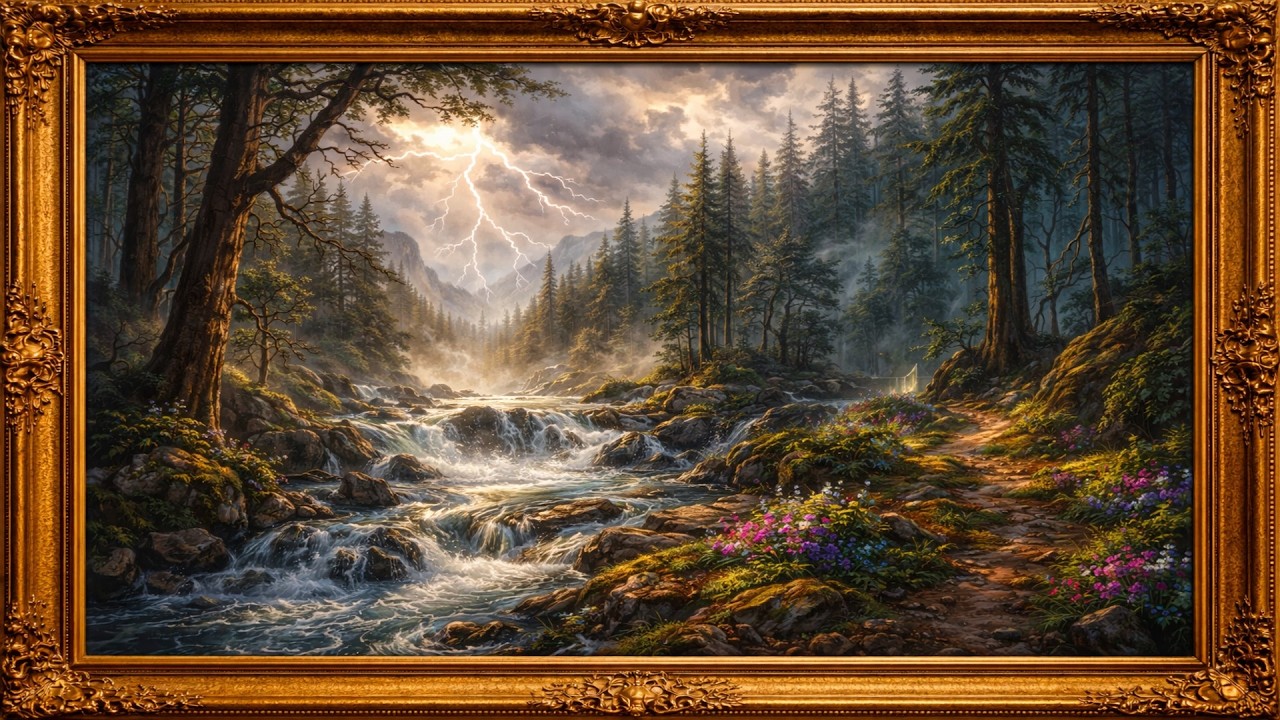 Golden Forest River Landscape | Peaceful Nature Wall Art for Relaxing Spaces (4K)