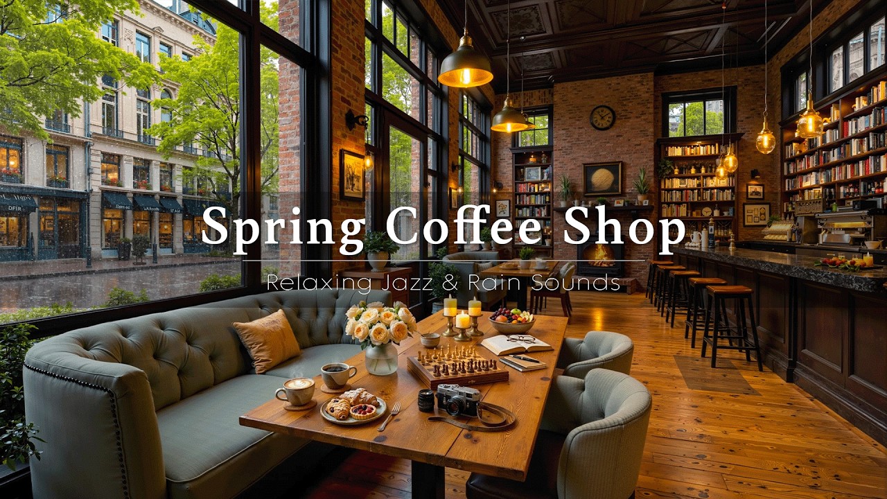 Rainy Spring Coffee Shop Ambience 🌸 Relaxing Jazz Music with Soft Rain Sounds for Focus, Calm, Study