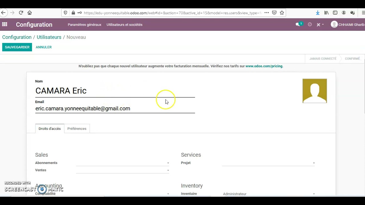 Créer un utilisateur - PGI Odoo