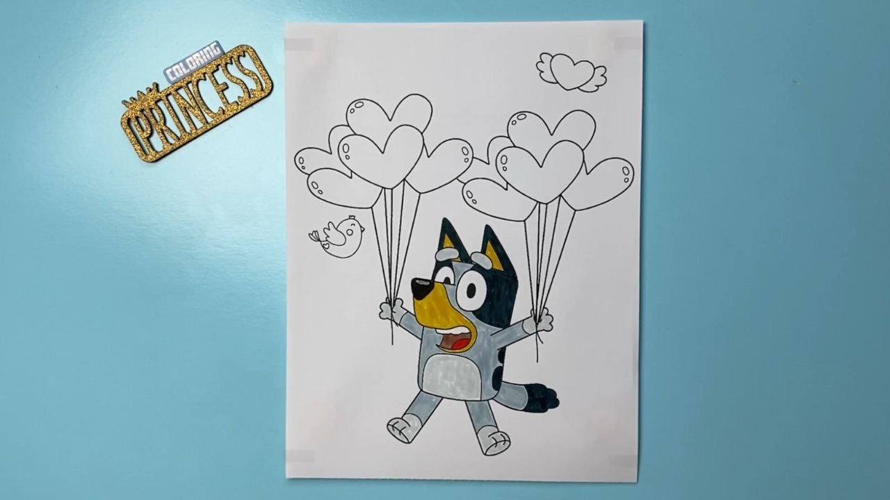 Bluey Holding Heart Balloons / Coloring Bluey with Markers / Speed Coloring Time Lapse