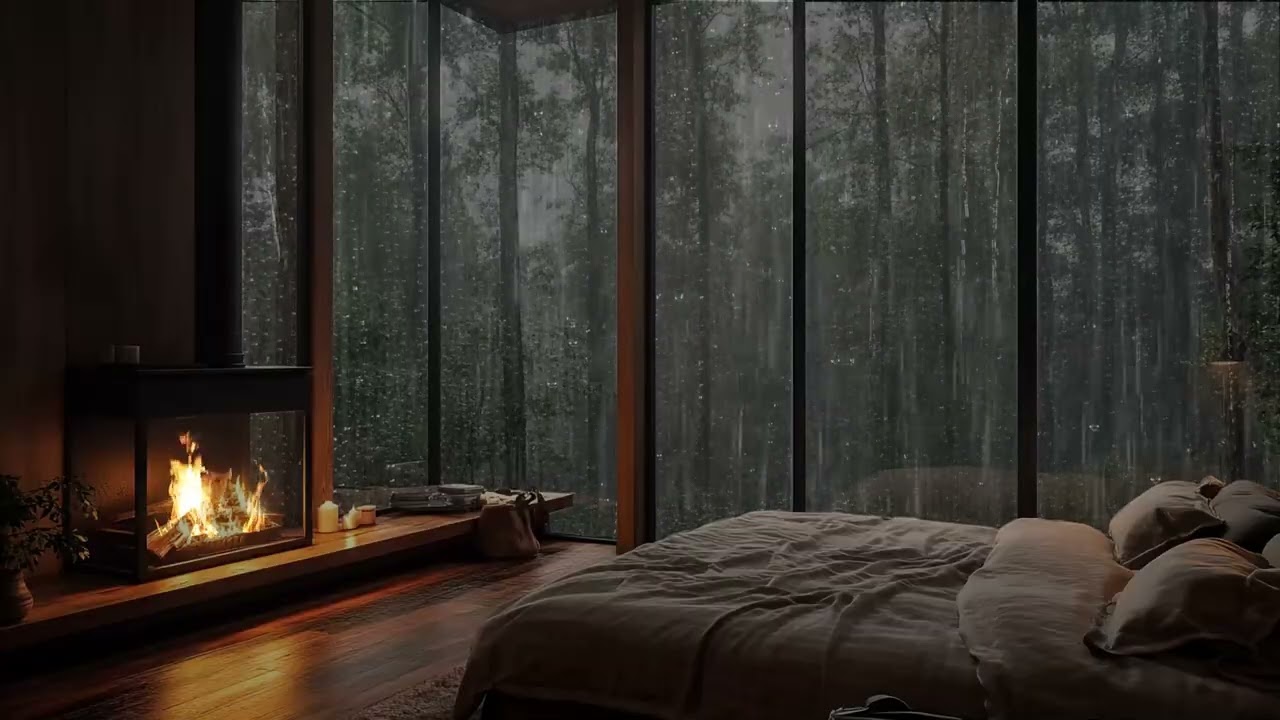 Realistic Rain Sounds and Fireplace in Cozy Forest Cabin Bedroom for Stress Relief and Deep Rest