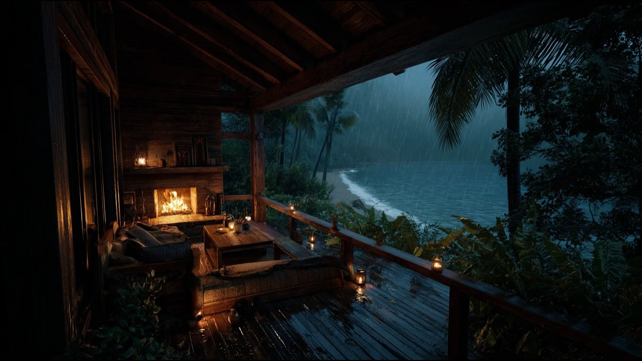 NO ADS ⛈️ Seaside Porch Rain Crackling Fireplace | Thunderstorm & Gentle Rain Sounds for Relax Sleep