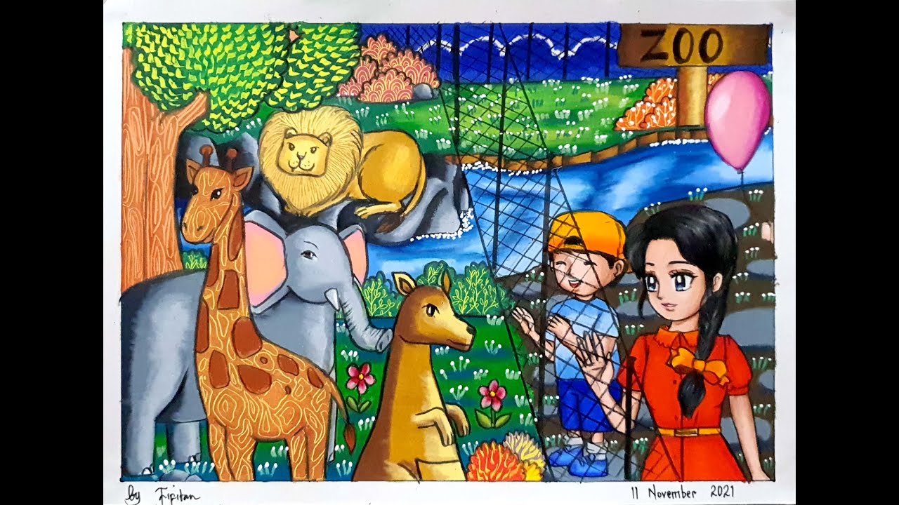 Cara menggambar Kebun Binatang (zoo) - CARA GRADASI WARNA OILPASTEL EP 311