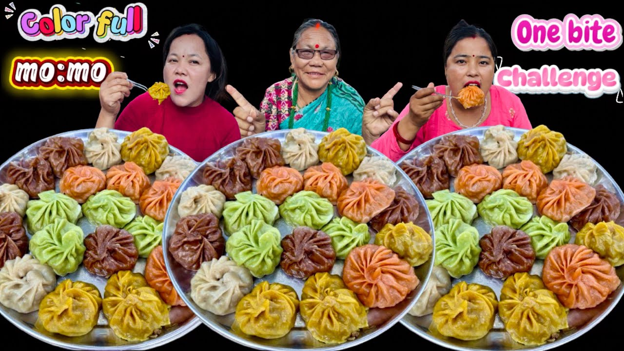 COLOURFUL MO:MO ONE BITES EATING CHALLENGE || momo eating challenge jethi vs kanxi