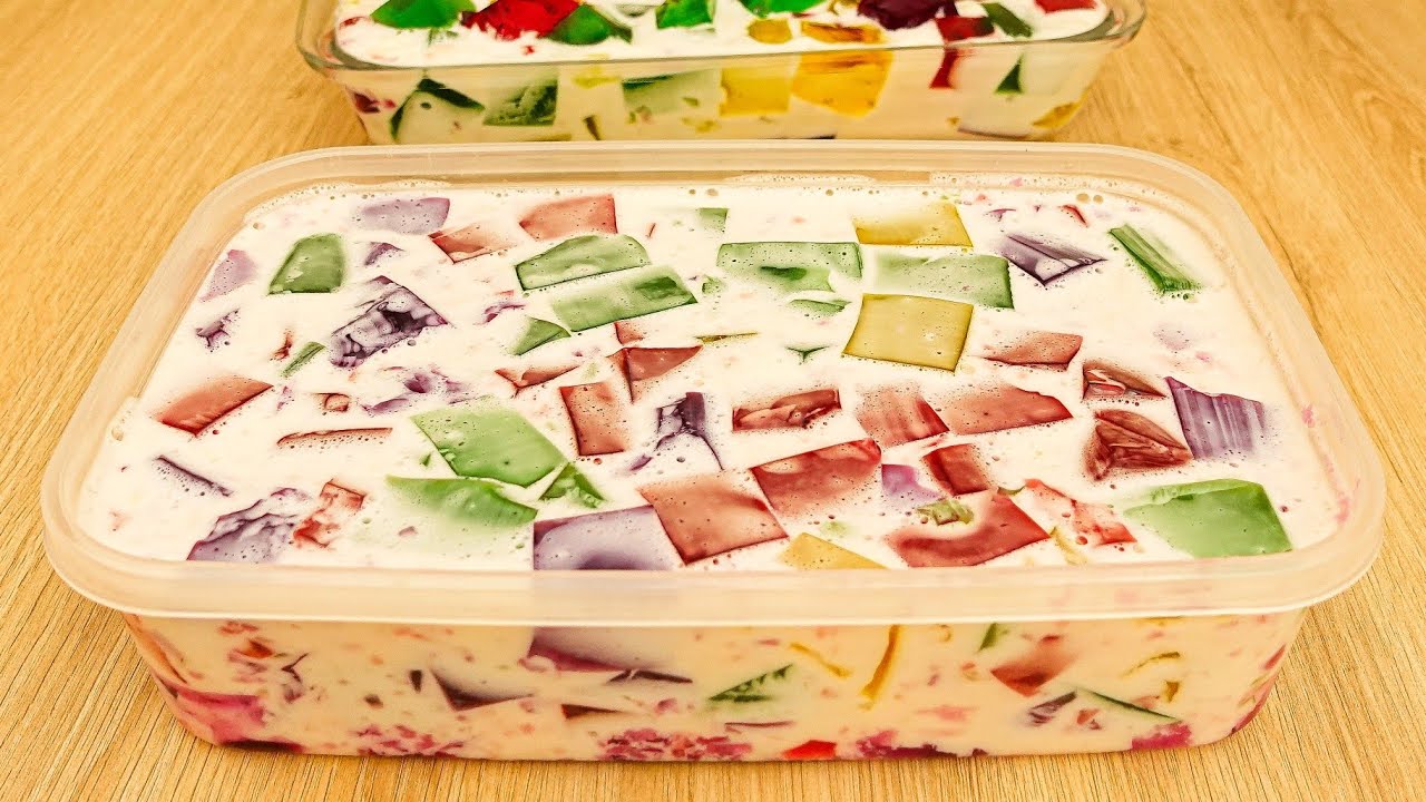 (español) GELATINA DE COLORES CON LECHE CONDENSADA. POSTRE DE GELATINA MOSAICO 