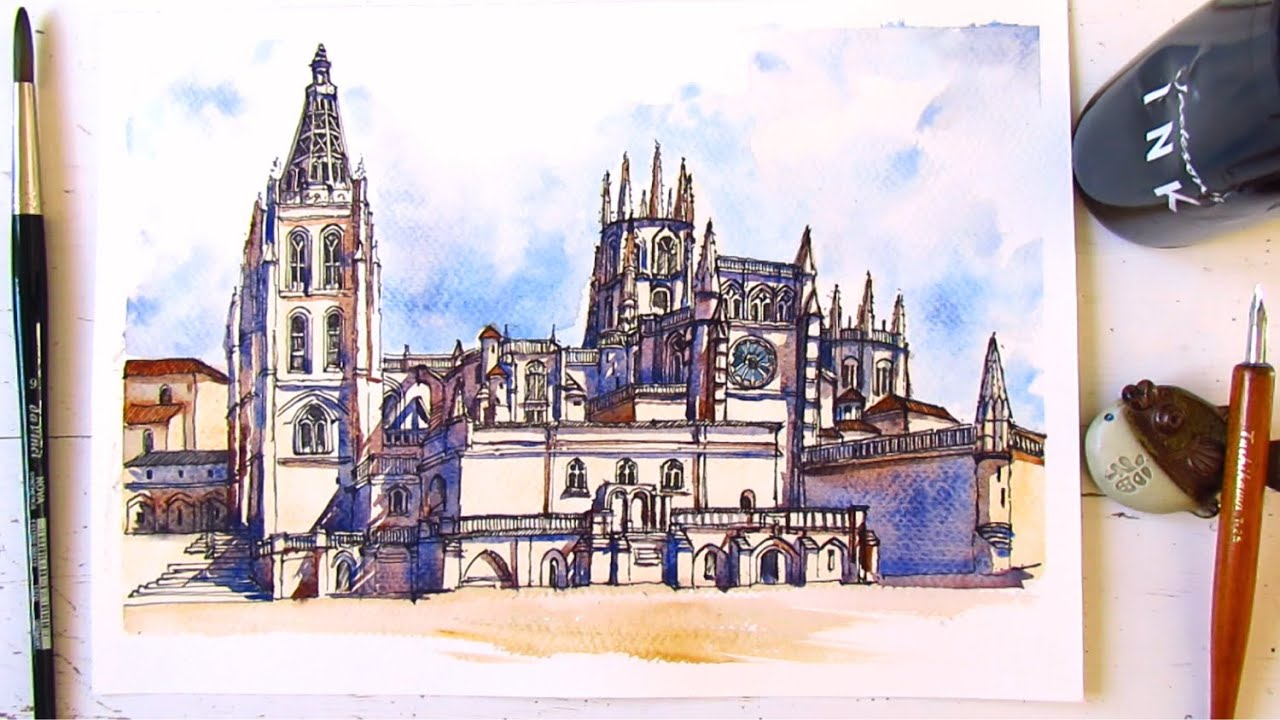 Urban Sketching Spain| Burgos Cathedral in Ink & Wash| Architectural Watercolor