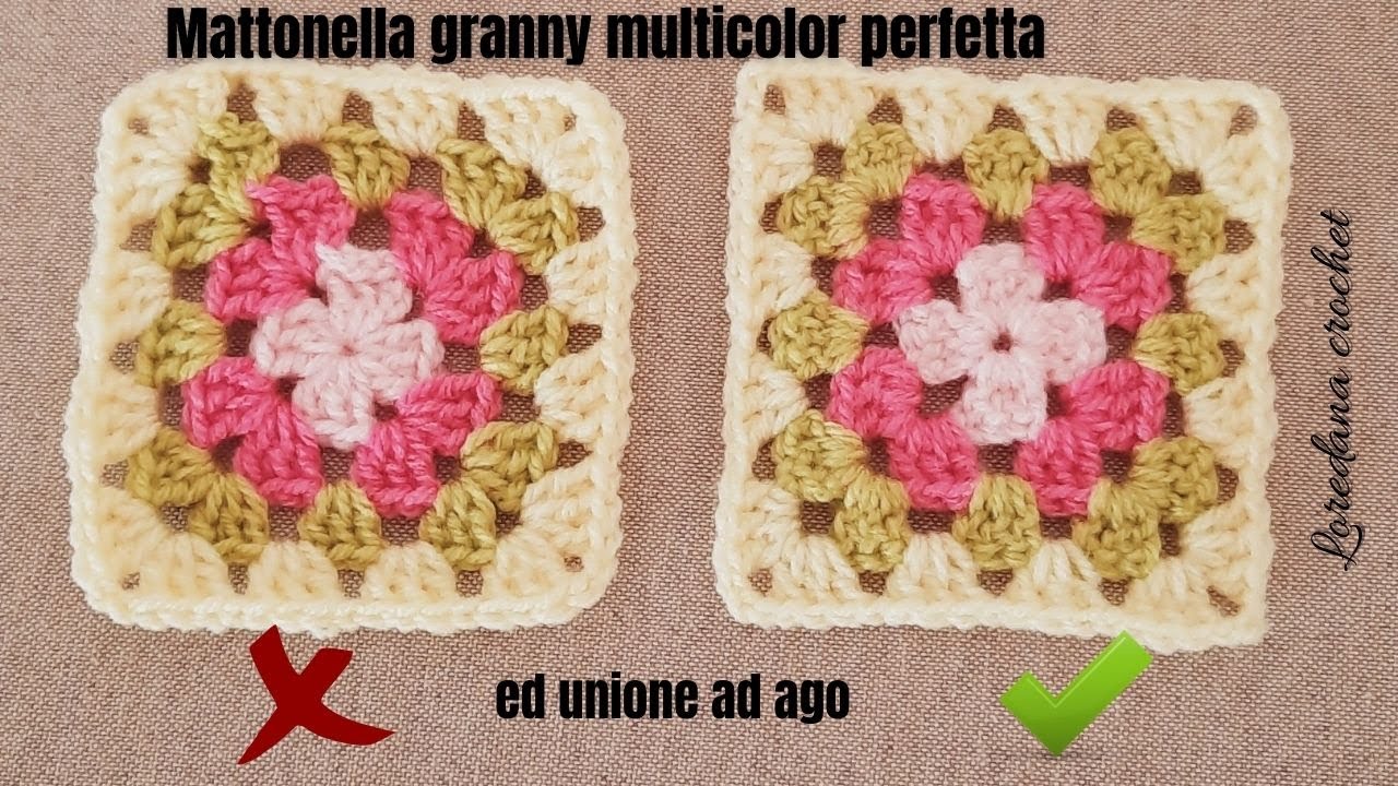 MATTONELLA GRANNY UNCINETTO PERFETTA MULTICOLOR🌸CROCHET GRANNY SQUARE🌸 UNIONE MATTONELLE AD AGO