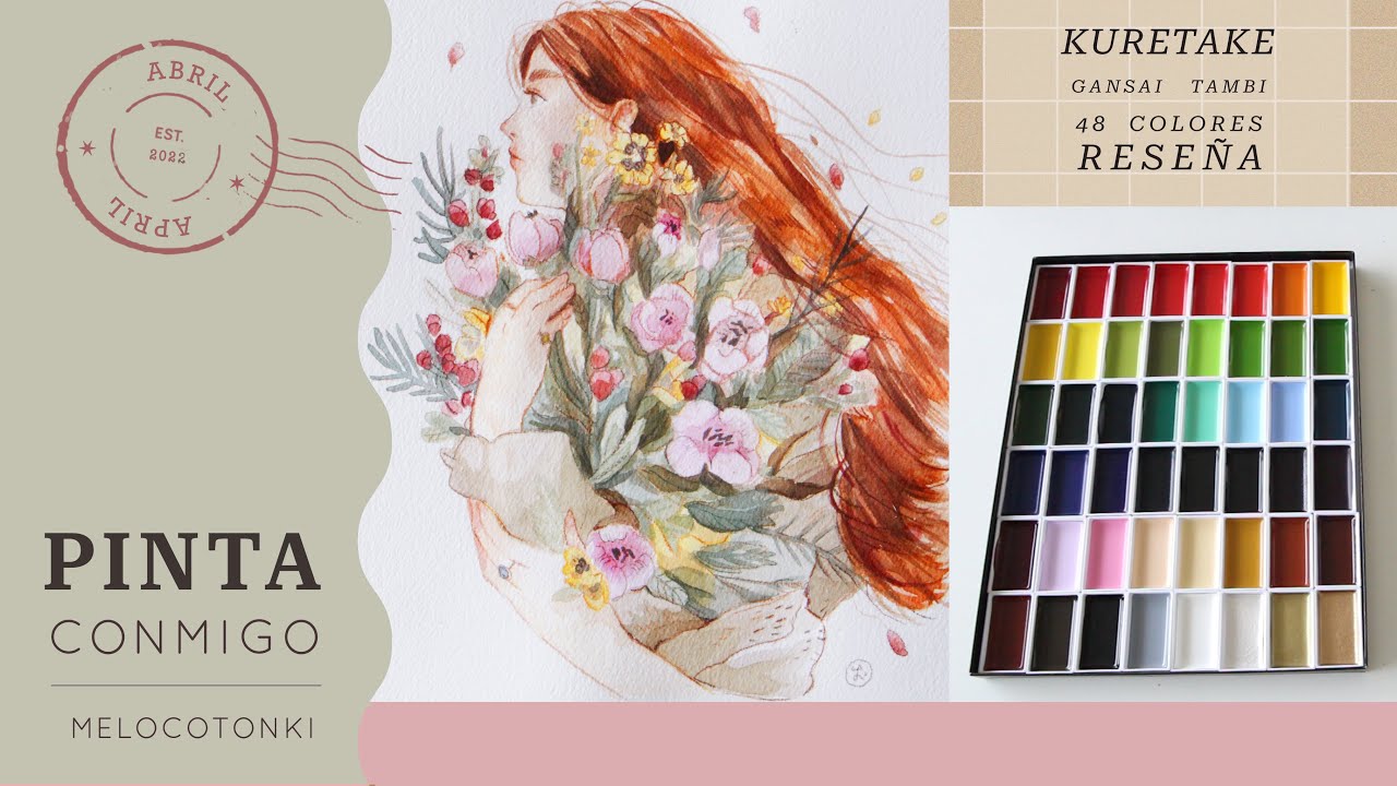 KURETAKE 🎨 Gansai Tambi Reseña, ilustración & swatches · 48 colores