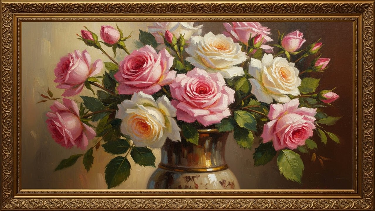 Classic Rose Vase Oil Painting | Relaxing Decorative Art View