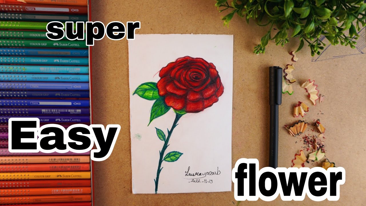 رسم وردة بالالوان الخشبية 😍 اسهل طريقة لرسم الوردة