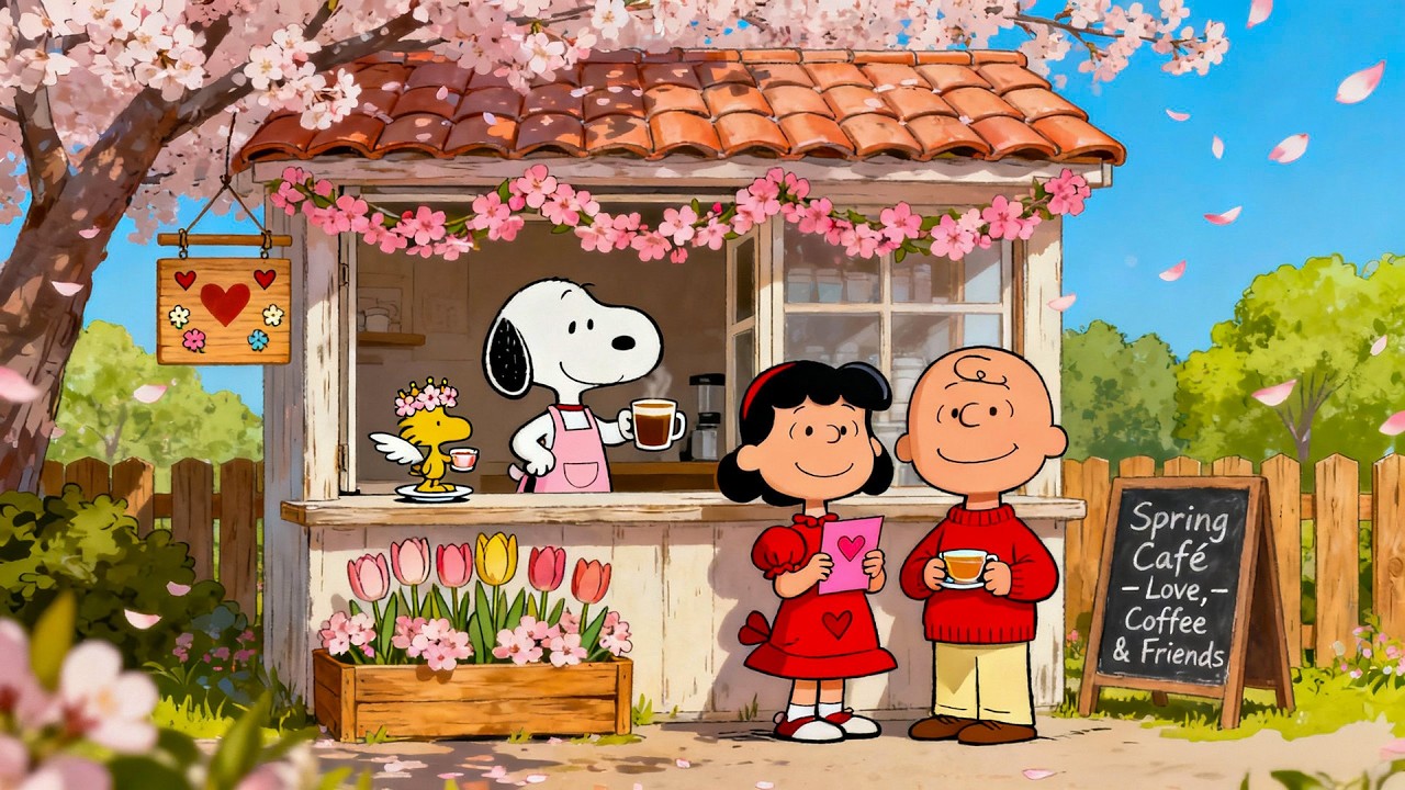 Charming Spring Caf&eacute; with Snoopy & Friends 💌🌸 Lofi Ambience for Peace, Coffee & Connection