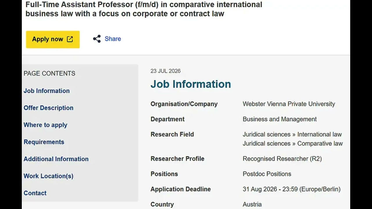 Webster Vienna Private University Assistant Professor Recruitment 2026