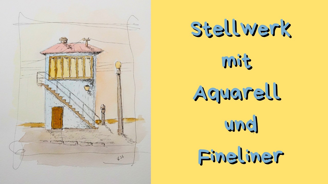 Kleines Stellwerk mit Aquarell und Fineliner