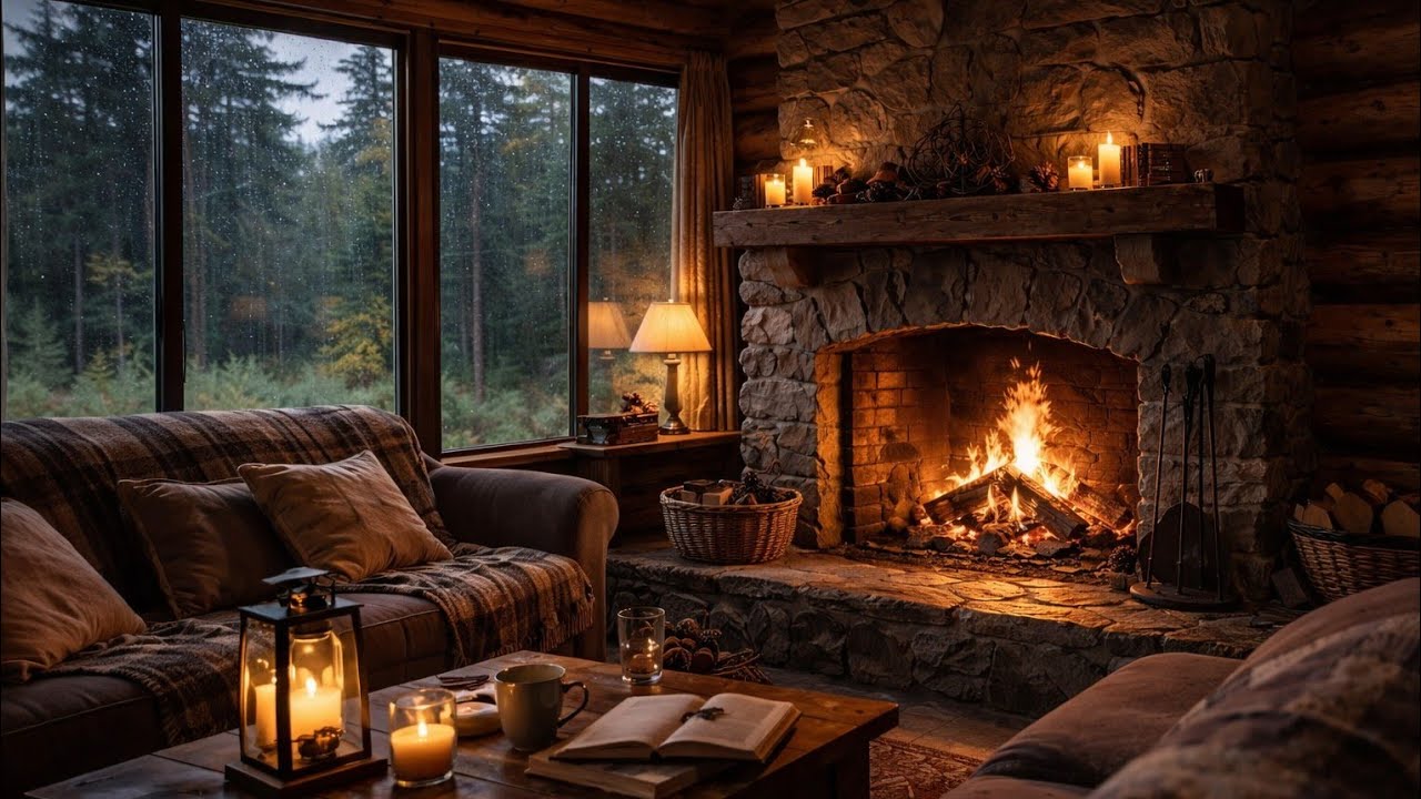 Cozy Cabin fireplace🔥Rains Sounds|Relaxing ASMR for Sleep & Study (50 minutes)