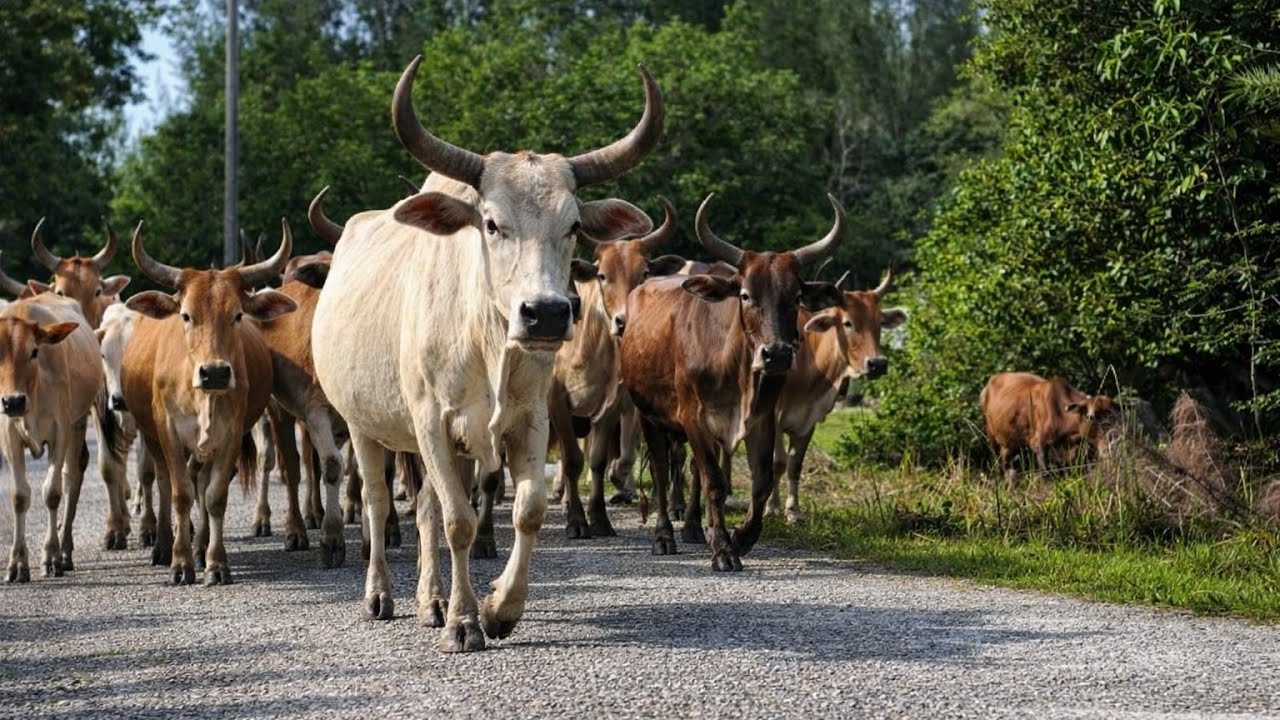 Herding a Herd of Village Cows Running Joyfully Along the Country Road