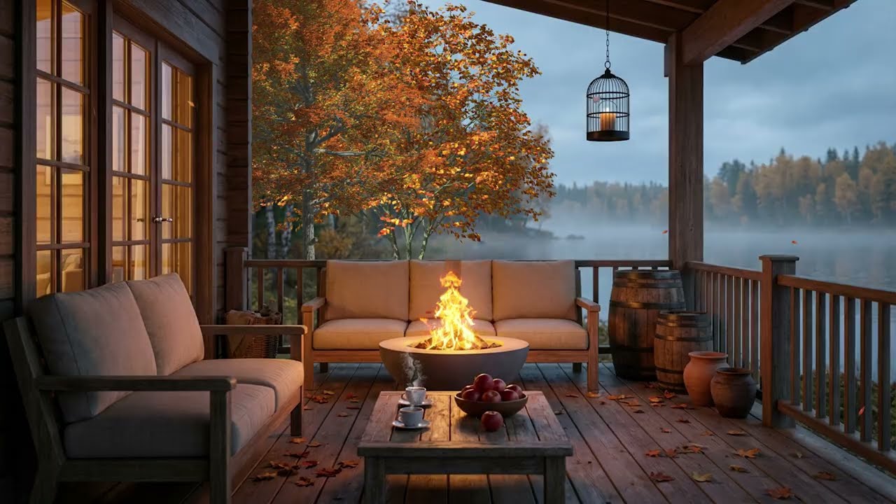 Cozy Lakeside Fireplace Ambience | Crackling Fire & Lake Waves Relaxation | 4K Autumn ASMR (8 Hours)