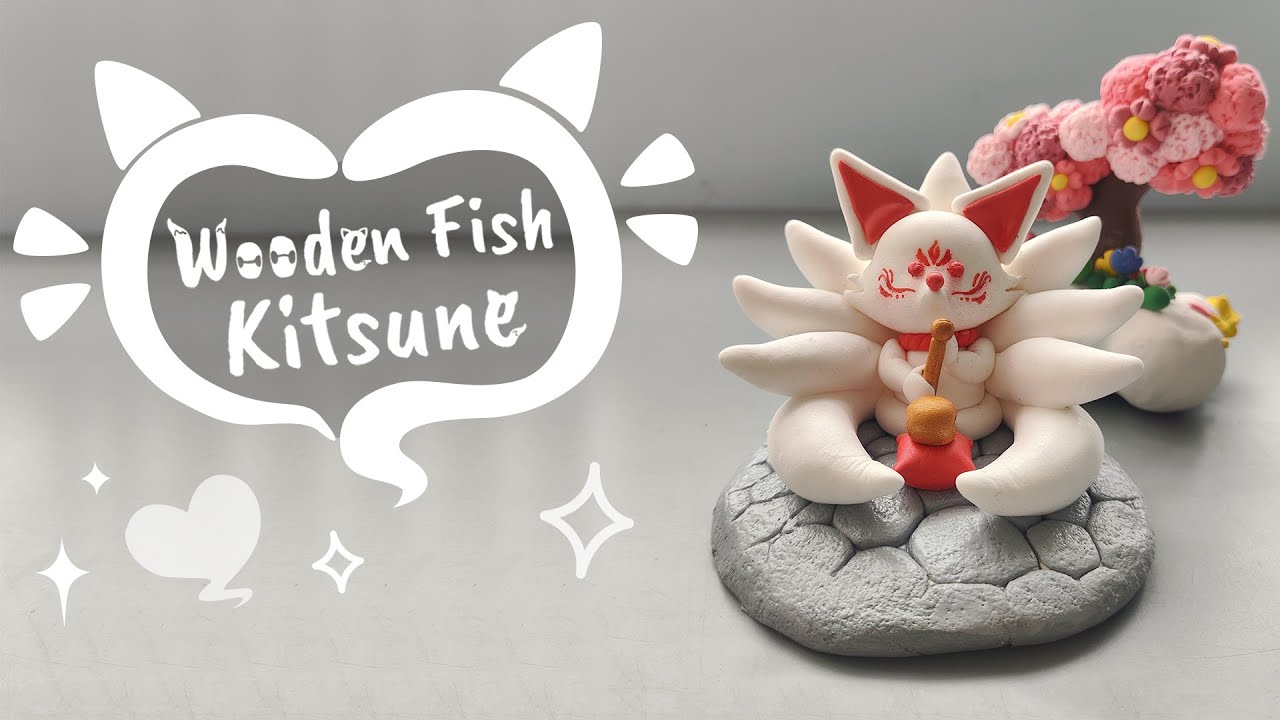 Wooden Fish Kitsune | Nine-Tailed Fox Clay Art Kawaii - Air Dry Clay Crafts - Kumiho Clay Figures
