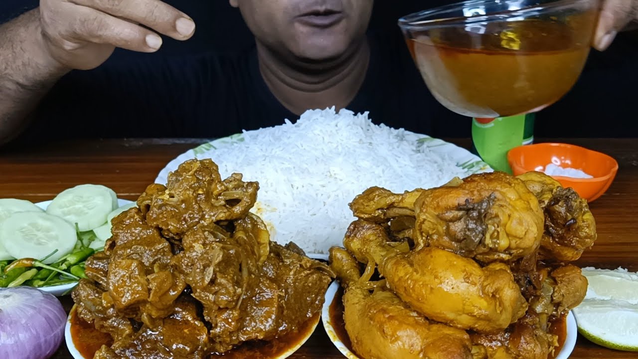 Eating Spicy Mutton Curry | Chicken Leg Piece Curry | Basmati Rice | Salad & Onion | Eating Show 😋