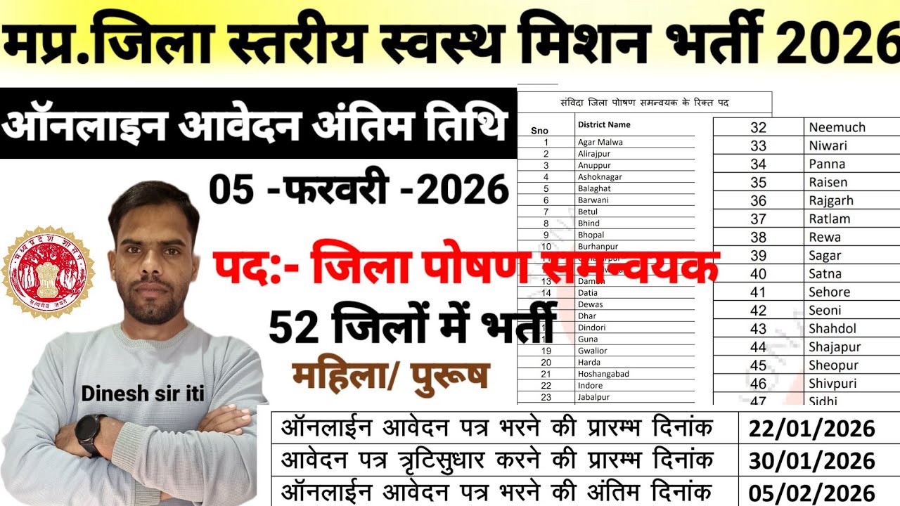 मप्र.समस्त जिलों में जिला स्तरीय स्वास्थ मिशन नया भर्ती नोटिफिकेशन जारी 2026| MP Latest Vacancy |