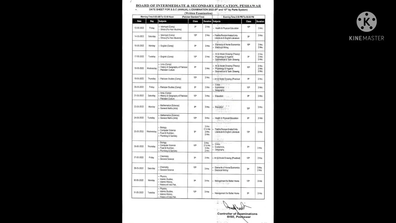 KPK peshawar board exam 9&10 datesheet 2022