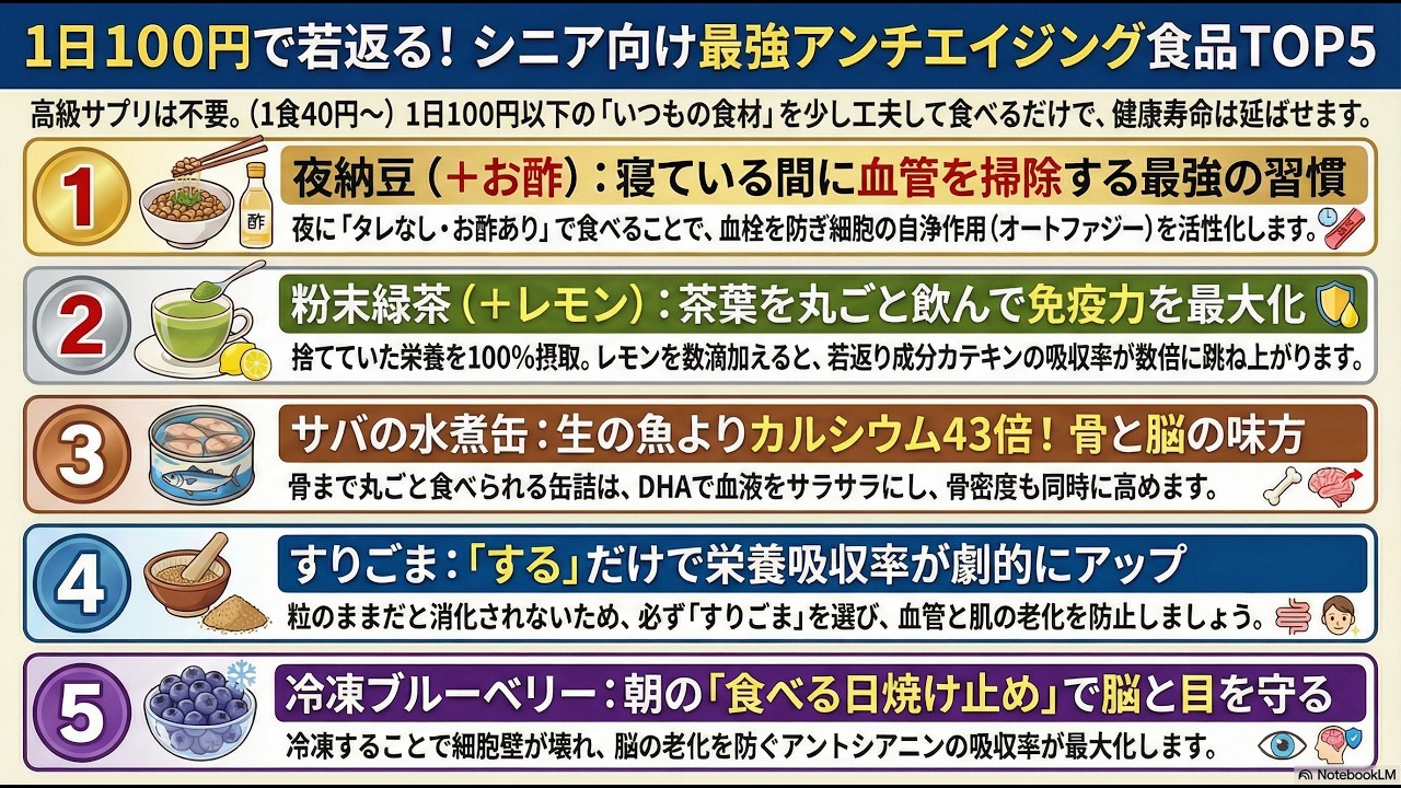 【AI解説】【シニアの健康】『お金をかけない若返り食品 5選』：近所のスーパーで手に入る、1日100円程度で脳や血管、骨の若返りを目指せる実用的な若返り食品 5選