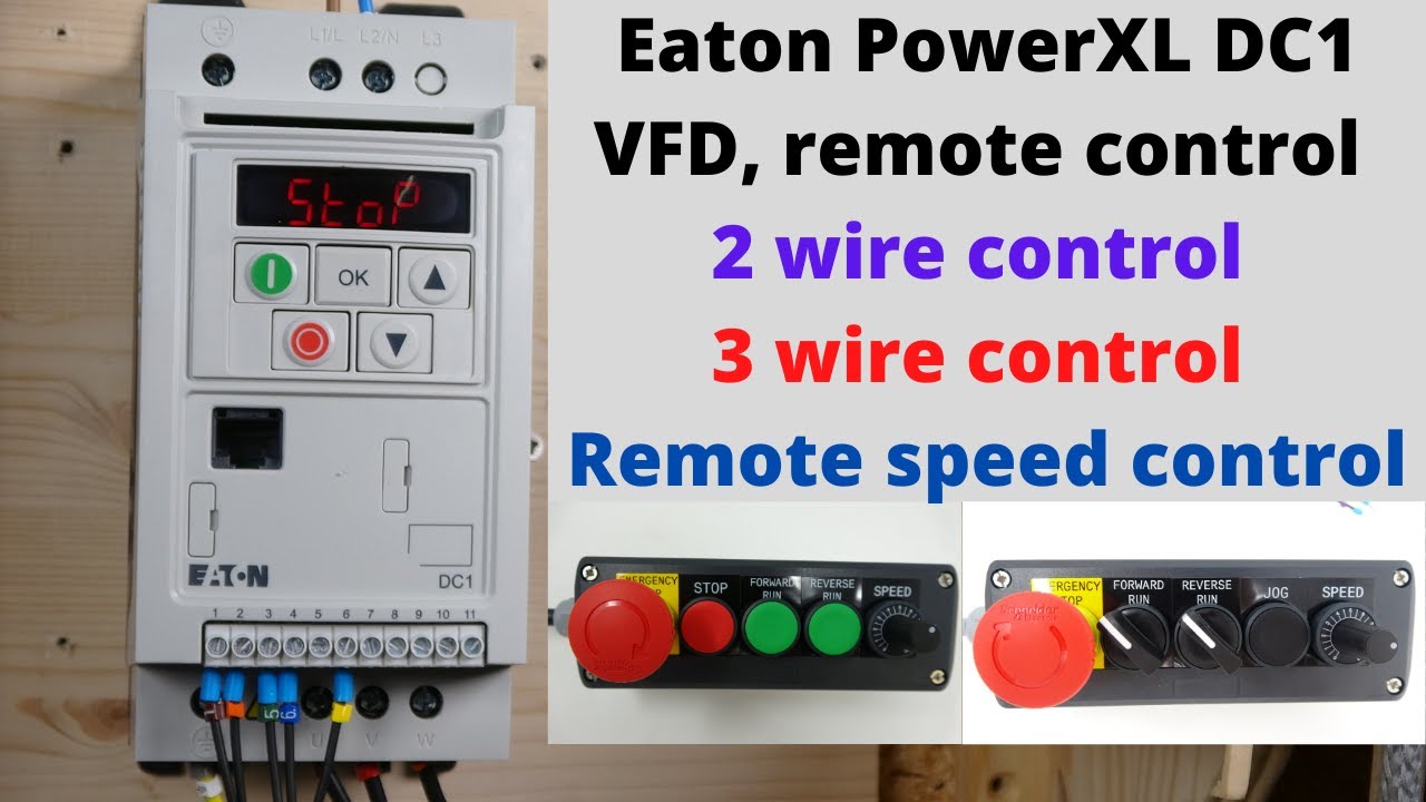 Eaton PowerXL DC1 VFD, дистанционное управление, двухпроводное управление, трёхпроводное управлен...