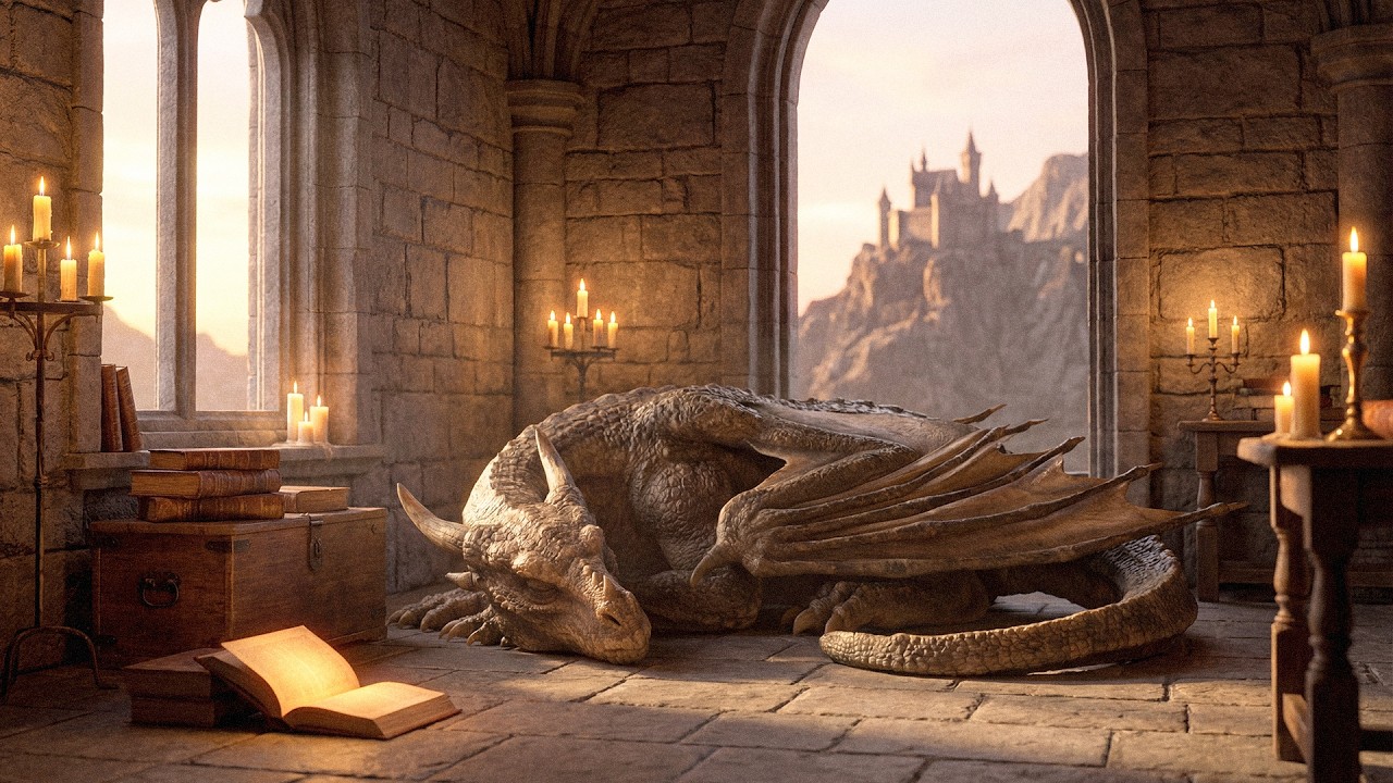 Medieval Castle Window Ambience 🐉 | Sleeping Dragon, Winter Night, Relaxing Music for Study & Sleep