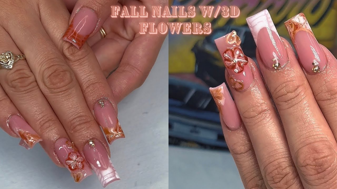 Fall nail art W/3D flower designs